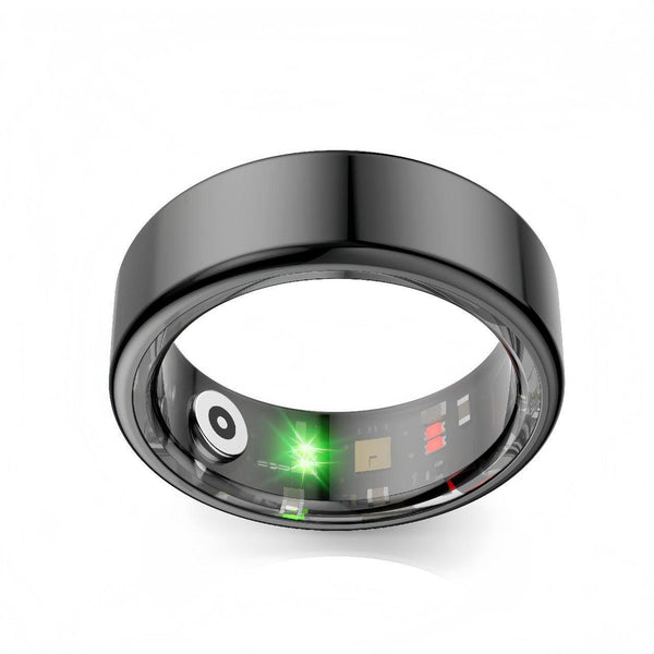 Smart fitness ring side profile view showing sleek metallic design and lightweight structure with matte finish, ideal for daily wear and health tracking.