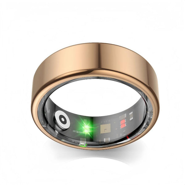 Futuristic smart ring in metallic rose gold finish, showcasing inner LED sensors for real-time health and activity monitoring.