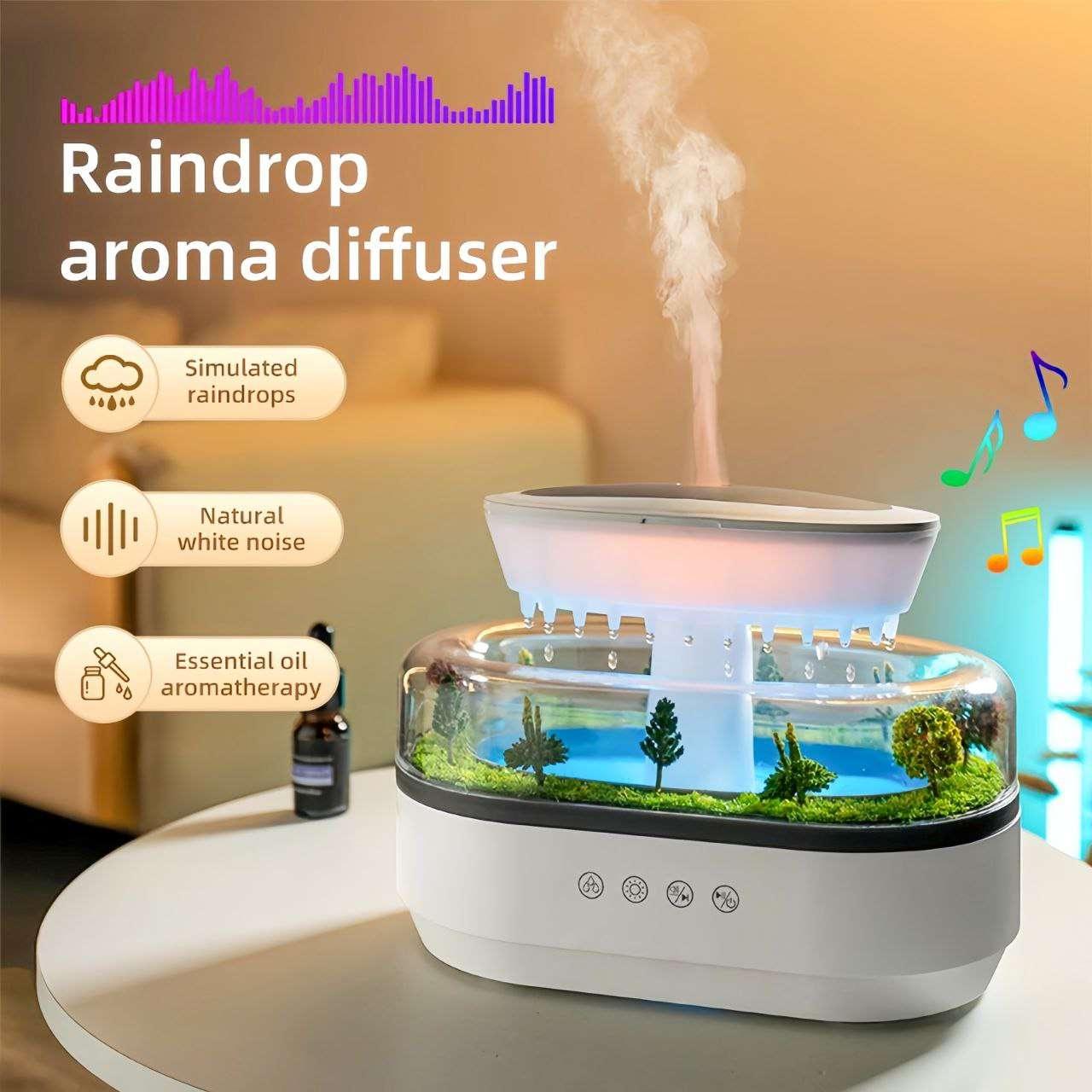 Image of AquaGlow Rain Cloud Diffuser featuring simulated rain drops, soothing natural white noise, and essential oil aromatherapy for a calming atmosphere.