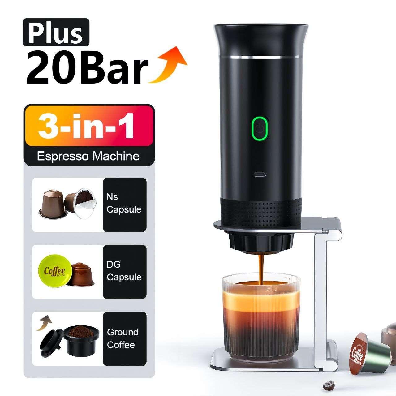 3-in-1 espresso machine compatible with Nespresso capsules, Dolce Gusto capsules, and ground coffee.