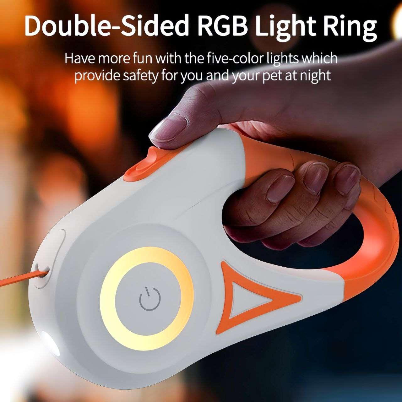 Colorful LED dog leash with dual RGB lighting to enhance visibility and playful energy during evening strolls