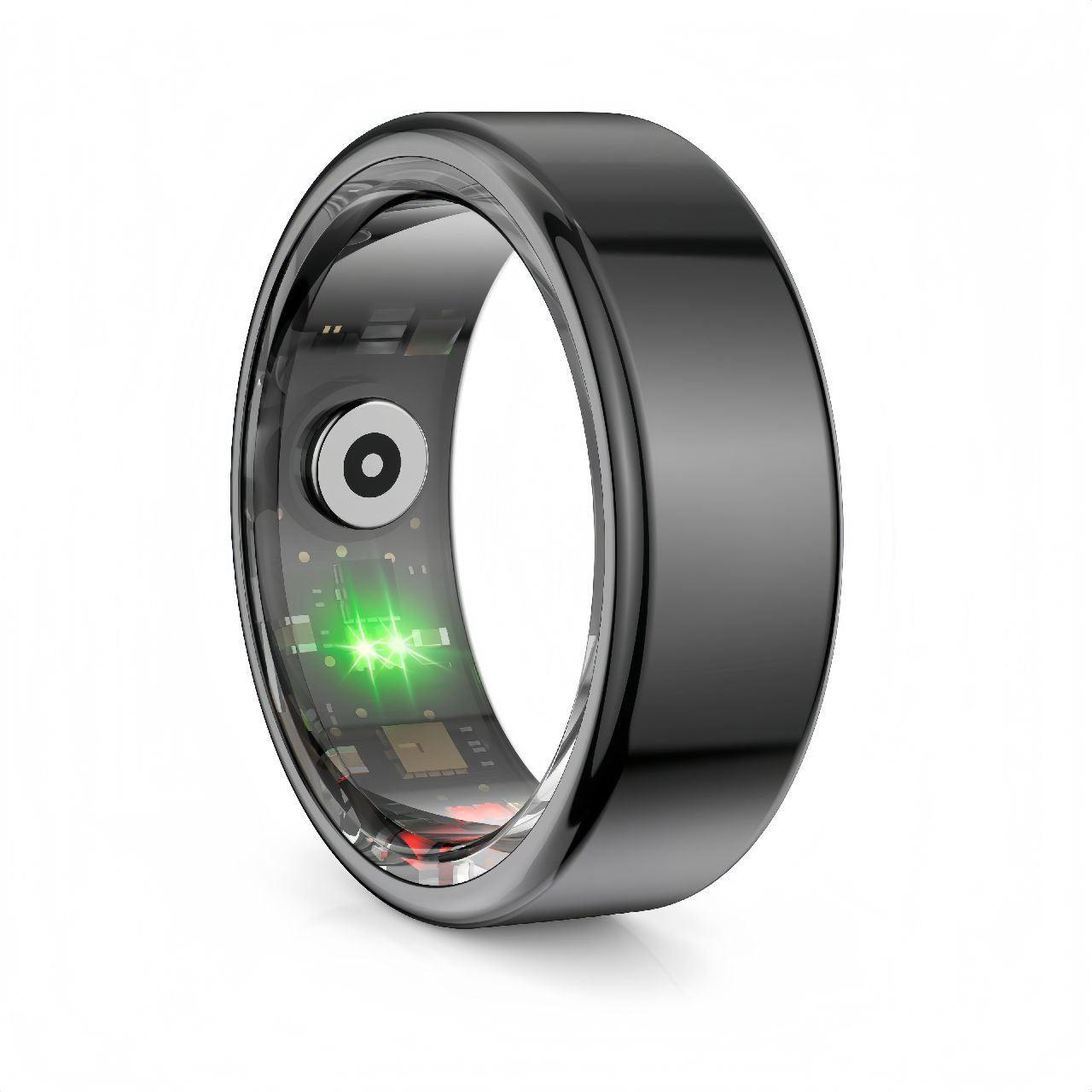 Matte black smart ring shown from a diagonal top down view, highlighting its sleek design and compact build on a clean background.