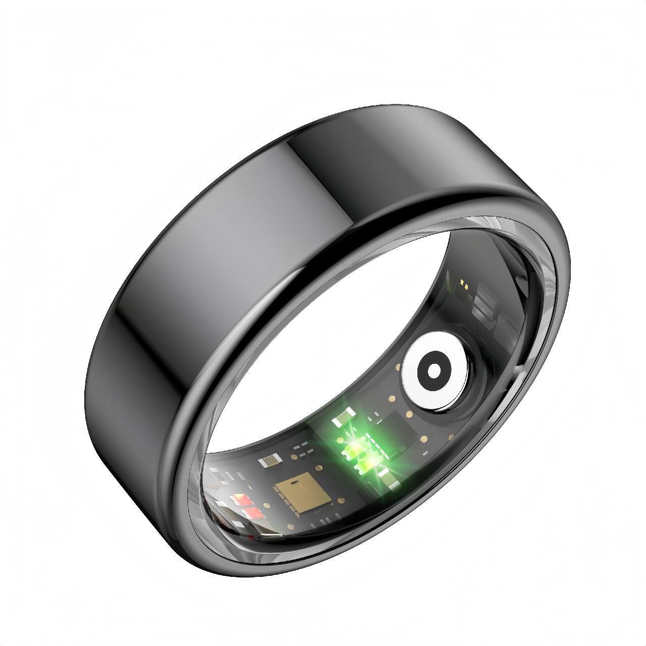 Minimalist black smart ring displayed flat from the front, emphasizing the round shape, matte texture, and embedded sensor technology.
