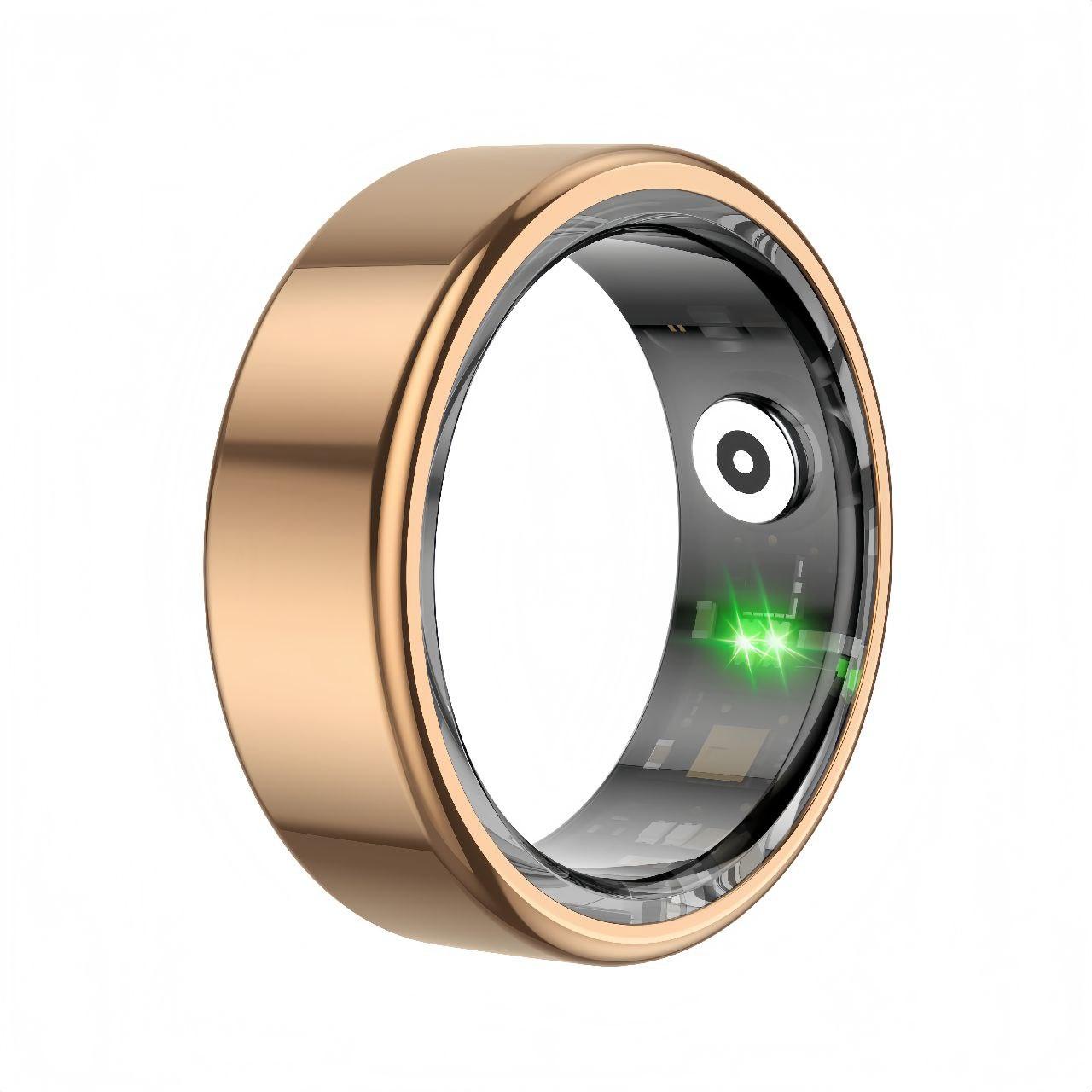 Smart fitness ring in rose gold color with internal sensors and green LED for health tracking