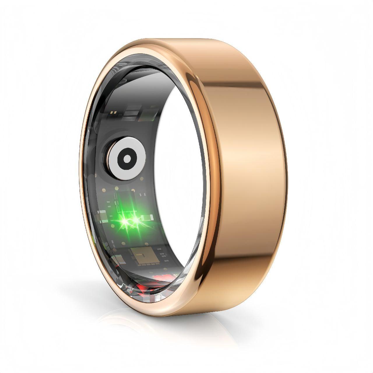 Rose gold smart ring with internal biometric sensors and glowing green LED for health and fitness tracking