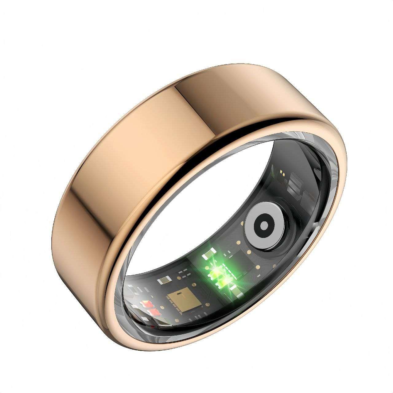 Angled view of a rose gold smart ring featuring embedded health sensors and a visible green LED for heart rate and sleep tracking.