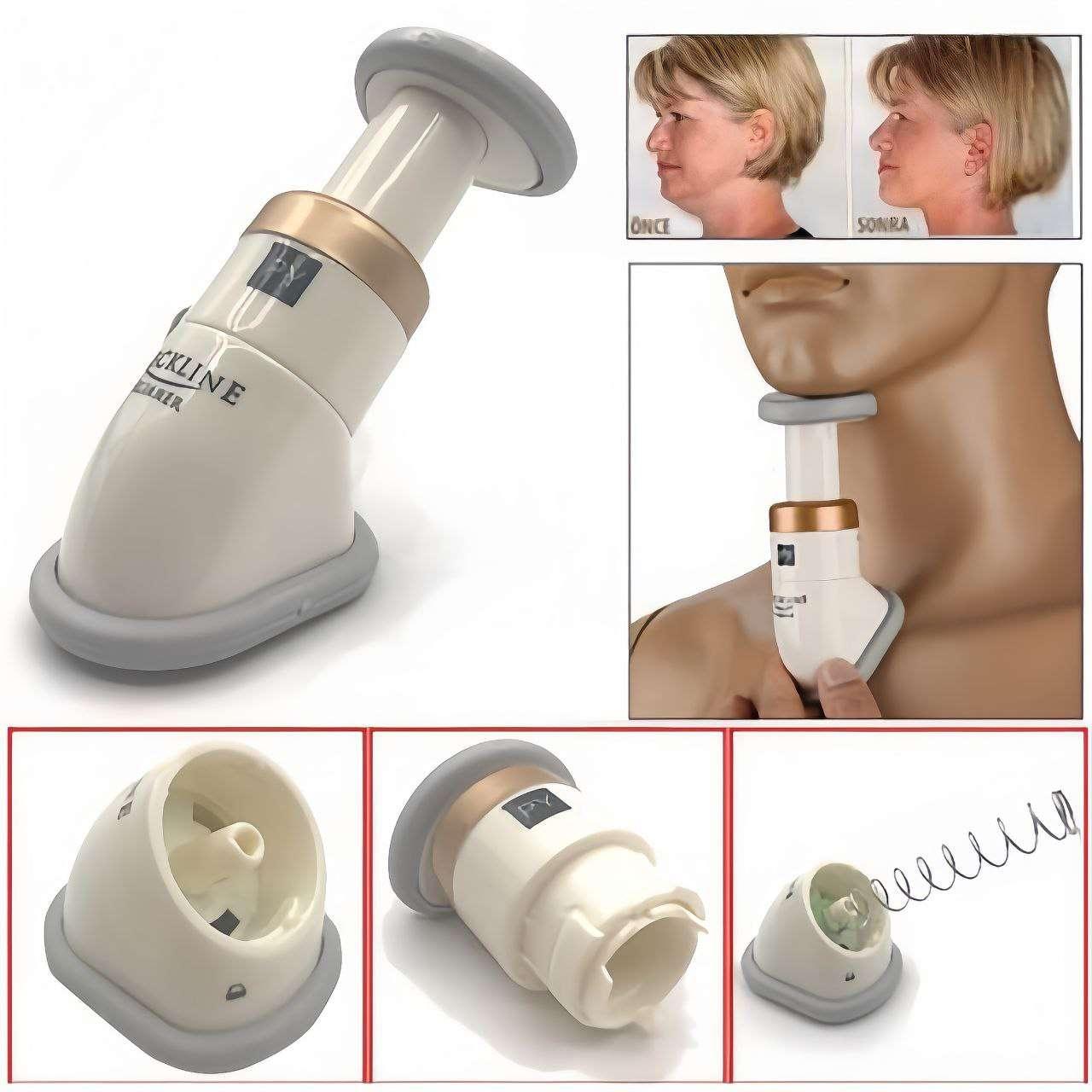 Before and after results of using the neck firming device showing reduced fat and enhanced jawline definition in a woman