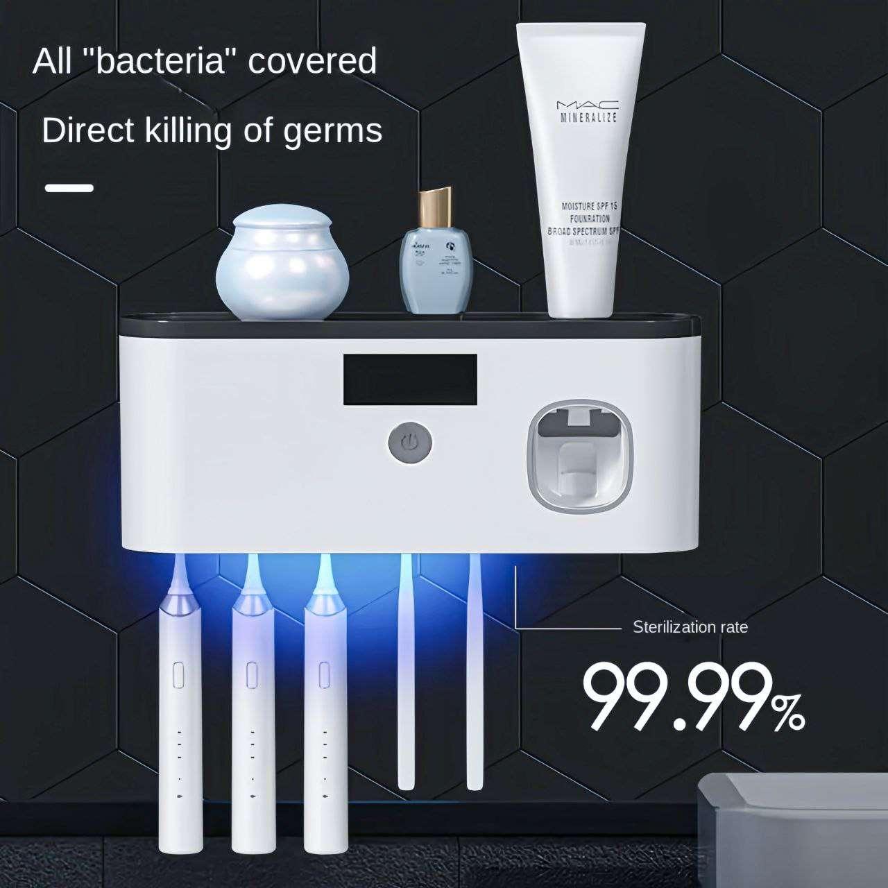 Image of UV toothbrush holder with bacteria protection, eliminating 99.99% of germs for a cleaner experience.