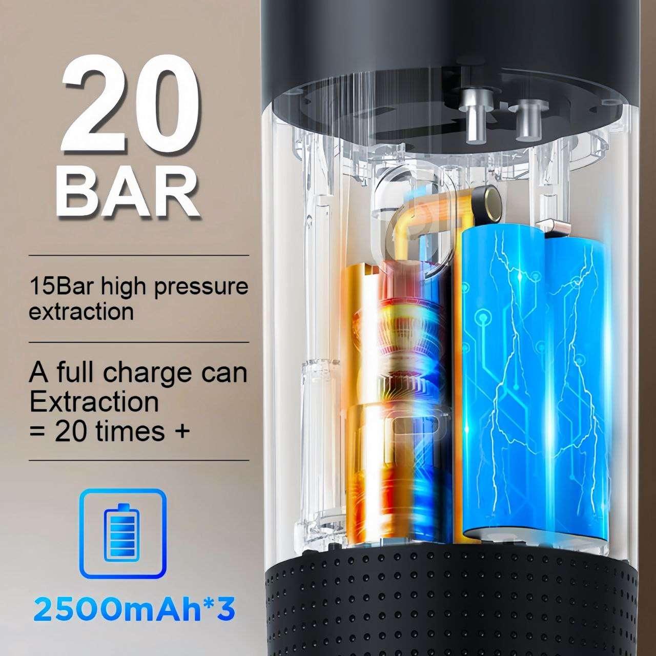 Espresso maker powered by a 2500mAh battery for long-lasting use.
