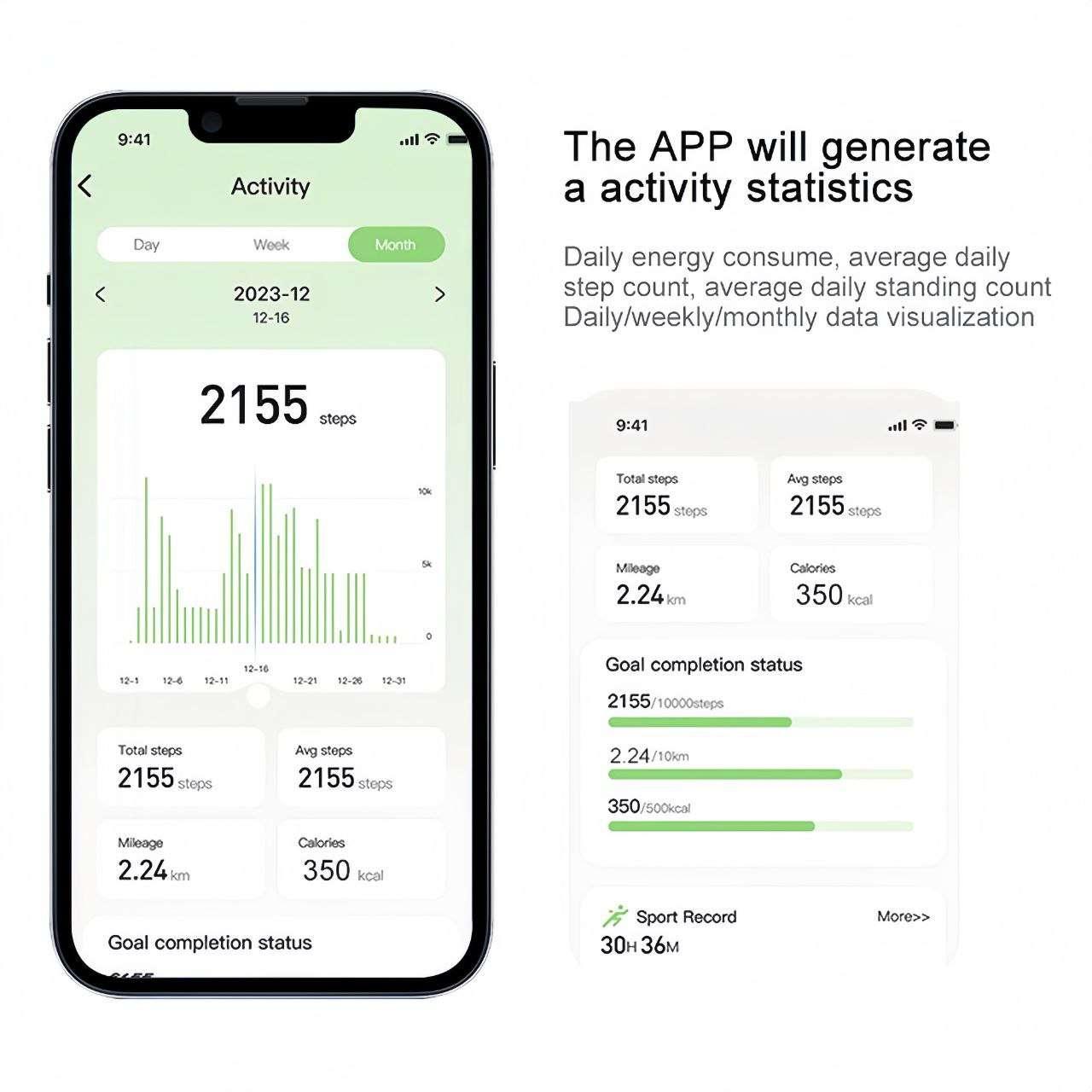 Smart ring companion app interface displaying activity statistics including step count, distance in kilometers, calories burned, and goal completion with day/week/month graph view on a smartphone screen.