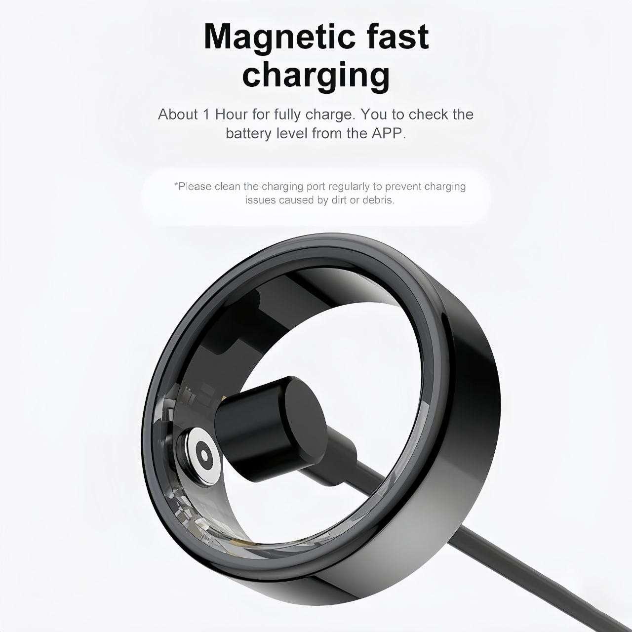 Magnetic fast charging dock for smart ring, featuring circular contact base and centered magnetic pin offers full charge in about 1 hour with battery monitoring via companion app.
