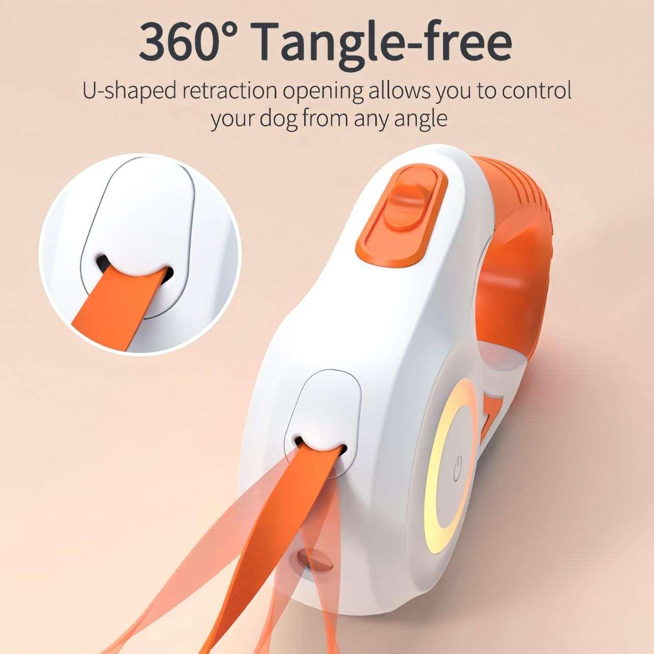 360° tangle-free U-shaped LED dog leash showing retraction opening for multi angle control