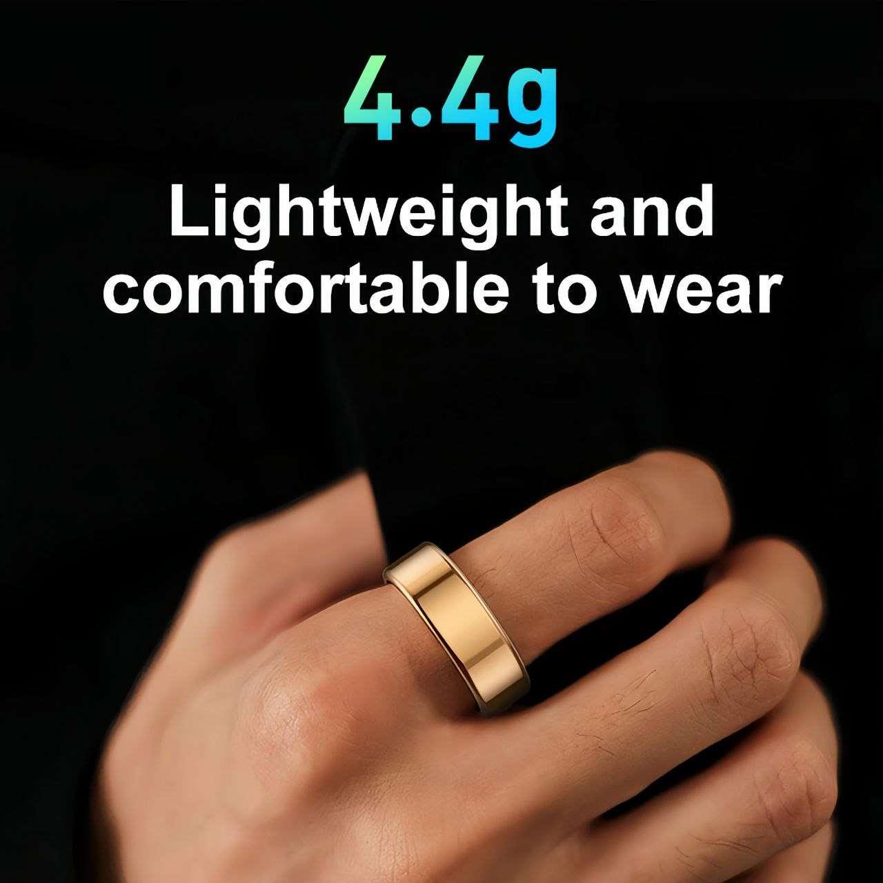 Smart ring weighing only 4.4g shown on a finger, highlighting its ultra lightweight and comfortable design for all day wear.