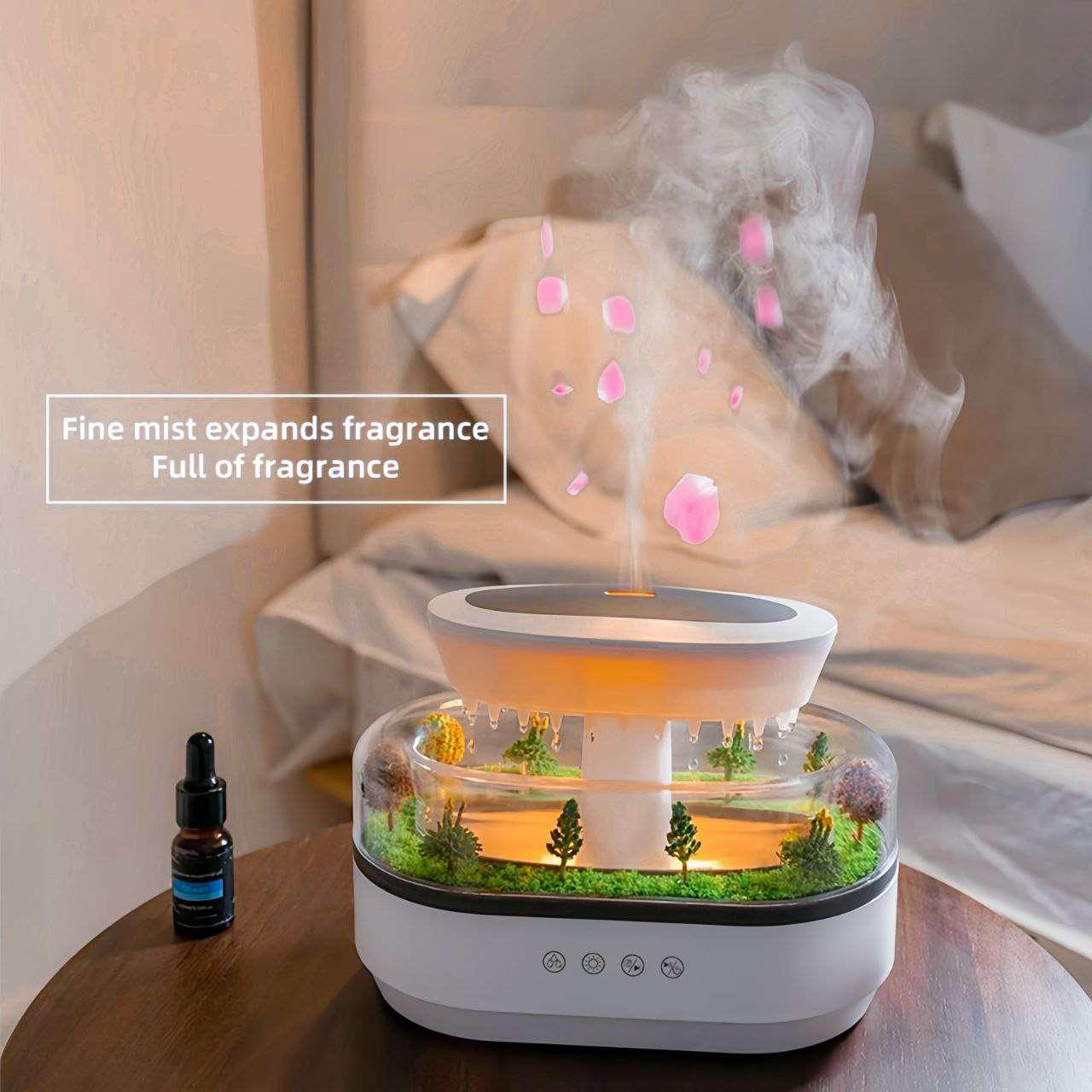 Relaxing AquaGlow Rain Cloud Diffuser with mist and LED rain light effect.