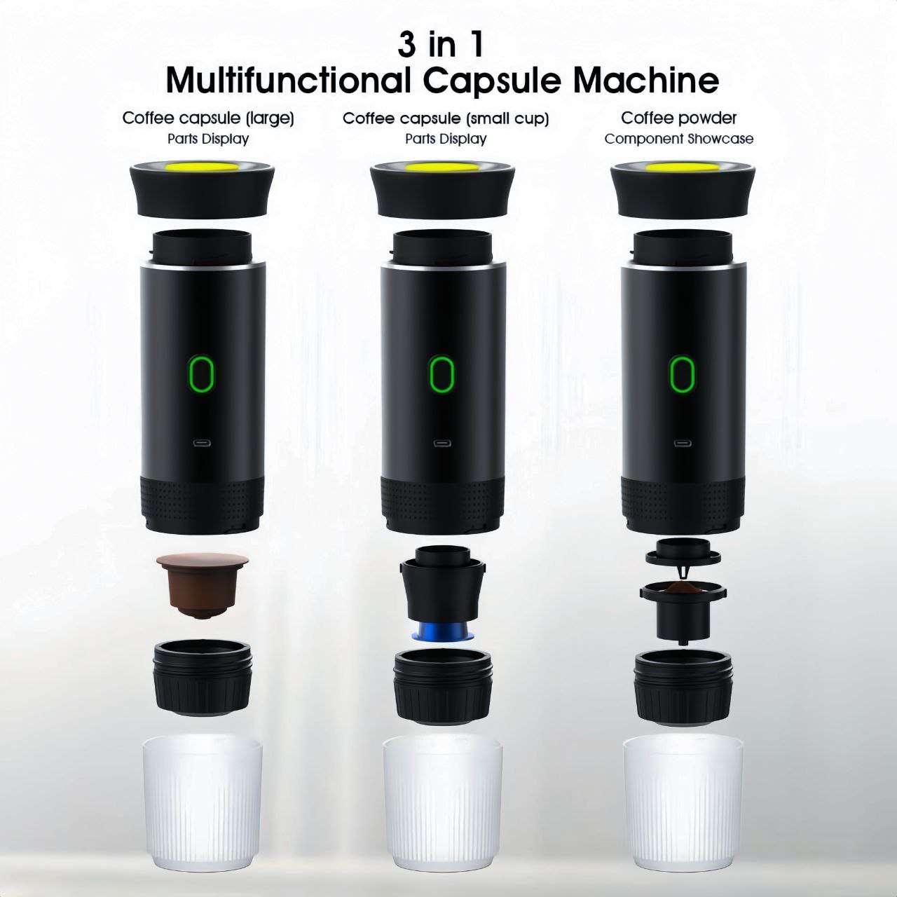 Showcasing the espresso maker’s versatility with large, small capsules, and coffee powder option.