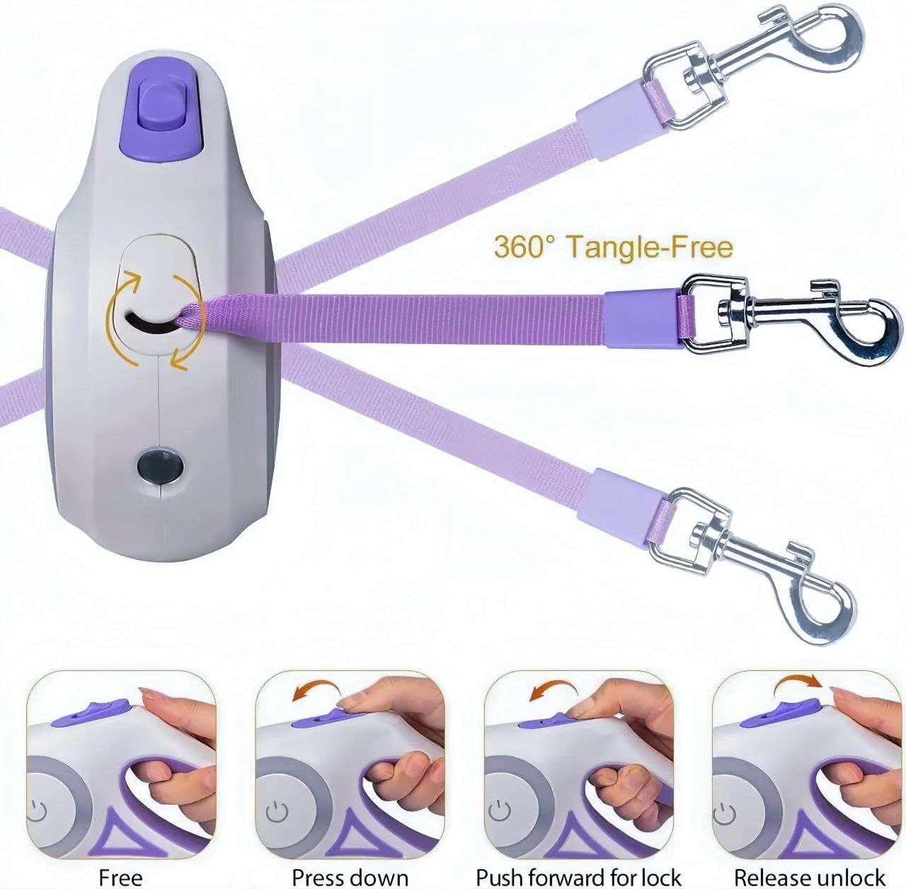 Close up of LED dog leash with U-shaped 360-degree tangle-free retraction, offering full directional control