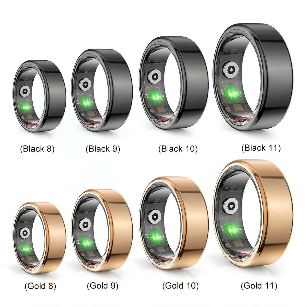 A lineup of smart rings in black and gold finishes, displayed in sizes 8 to 11, highlighting both color variety and internal sensor visibility.