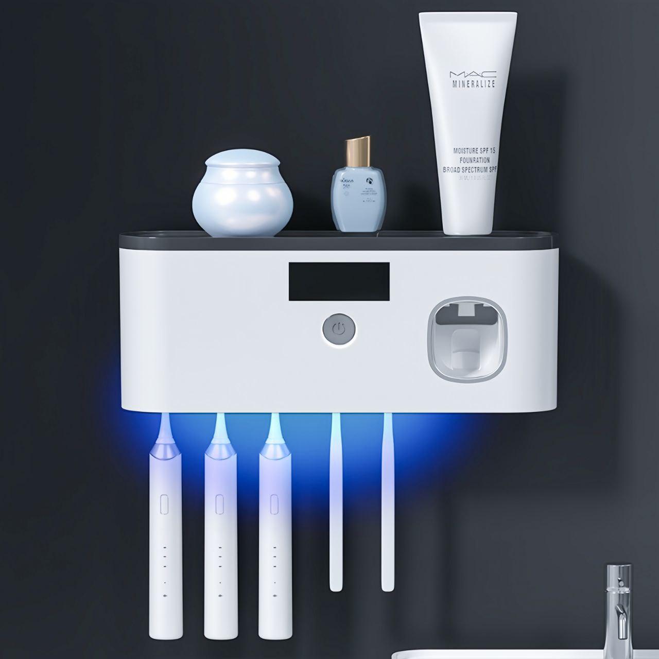 Wall mounted UV toothbrush holder emitting a soft light for added ambiance and hygiene.