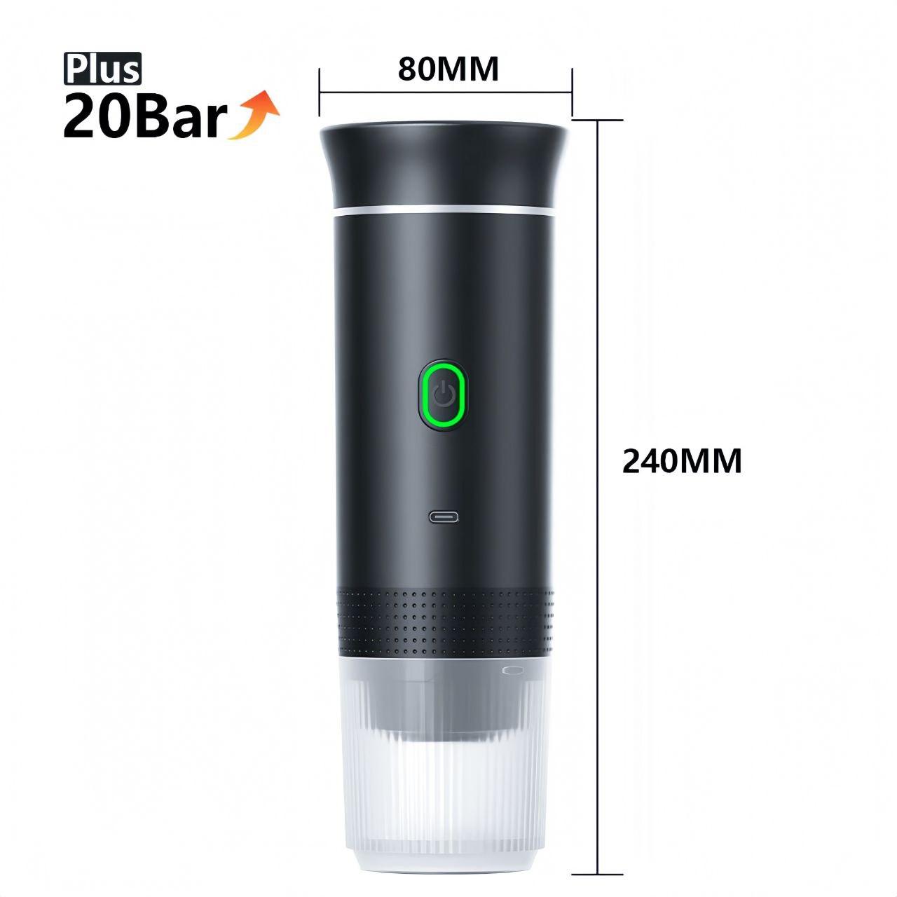 Compact espresso maker measuring 80mm in height and 240mm in width.